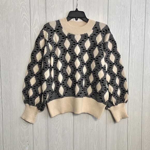 Bobeau Cream Black Diamond Puff Sleeve Sweater XL NWOT - Picture 1 of 5